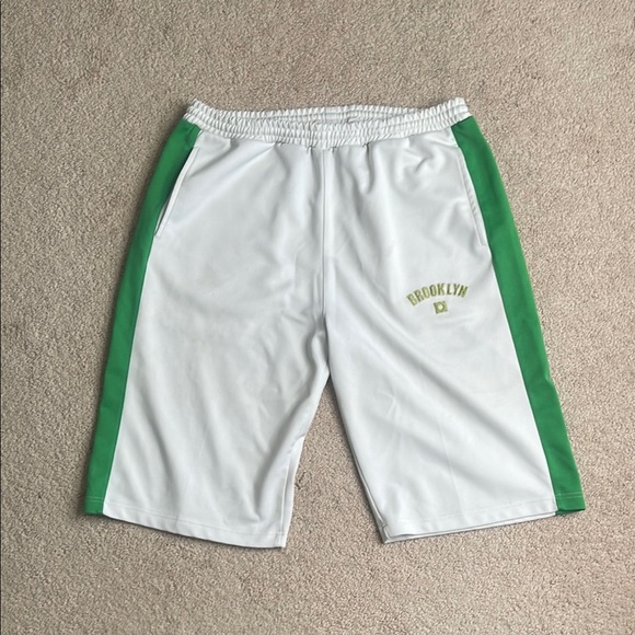 Athletic White and Green Shorts with Elastic Waistband - Picture 1 of 5
